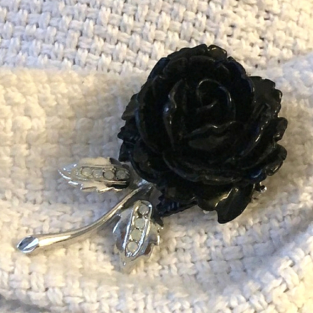 Antique Black Rose Brooch with Silvery Jewelled Leaves - Gothic Elegance